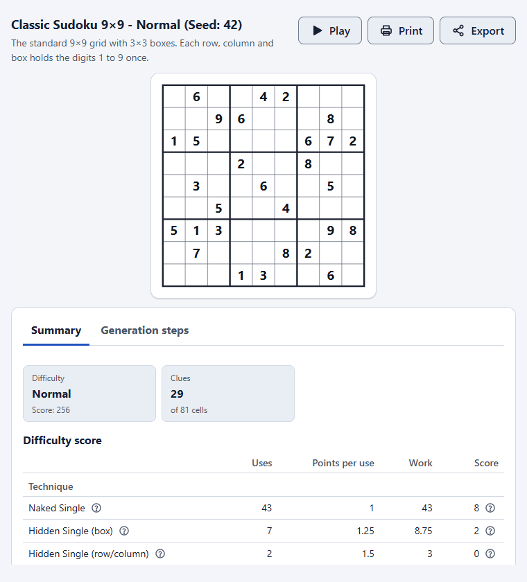 Generating puzzles, exploring variants and print options in the Sudoku Generator